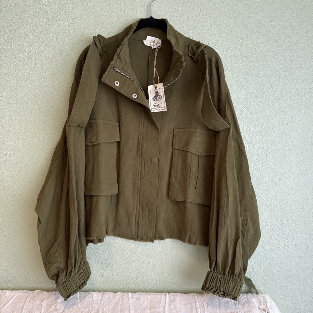 Easel Olive Green Cotton Zip Up, Snap Flap Moto Jacket Military,Fairy Grunge S